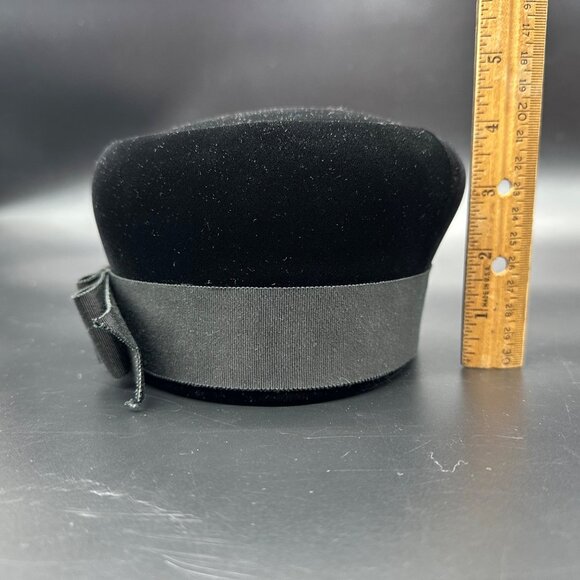Vintage Pillbox Hat 1960s Mr John Black Velvet Jackie Kennedy Style Bow Accent - Picture 11 of 11